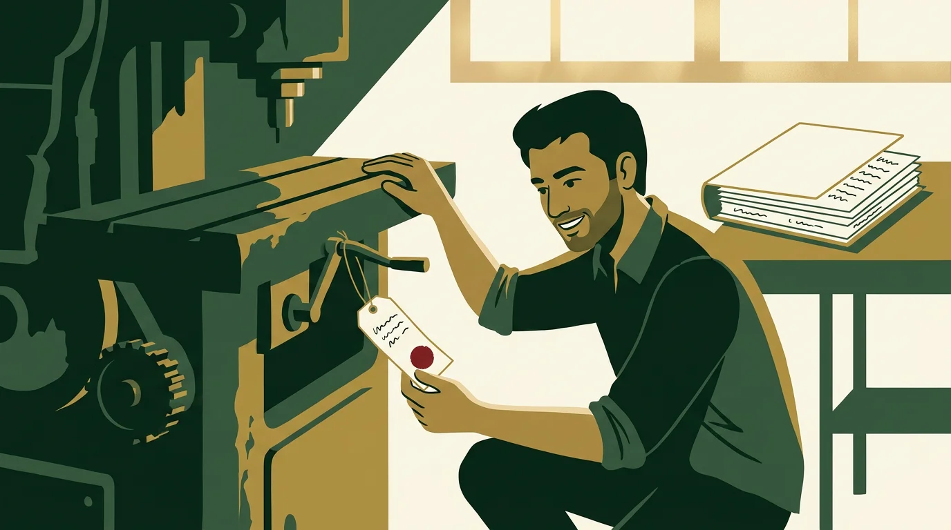 A man crouching at a heavy workshop machine has stopped to read a small paper tag tied to it with string, marked with a red seal.