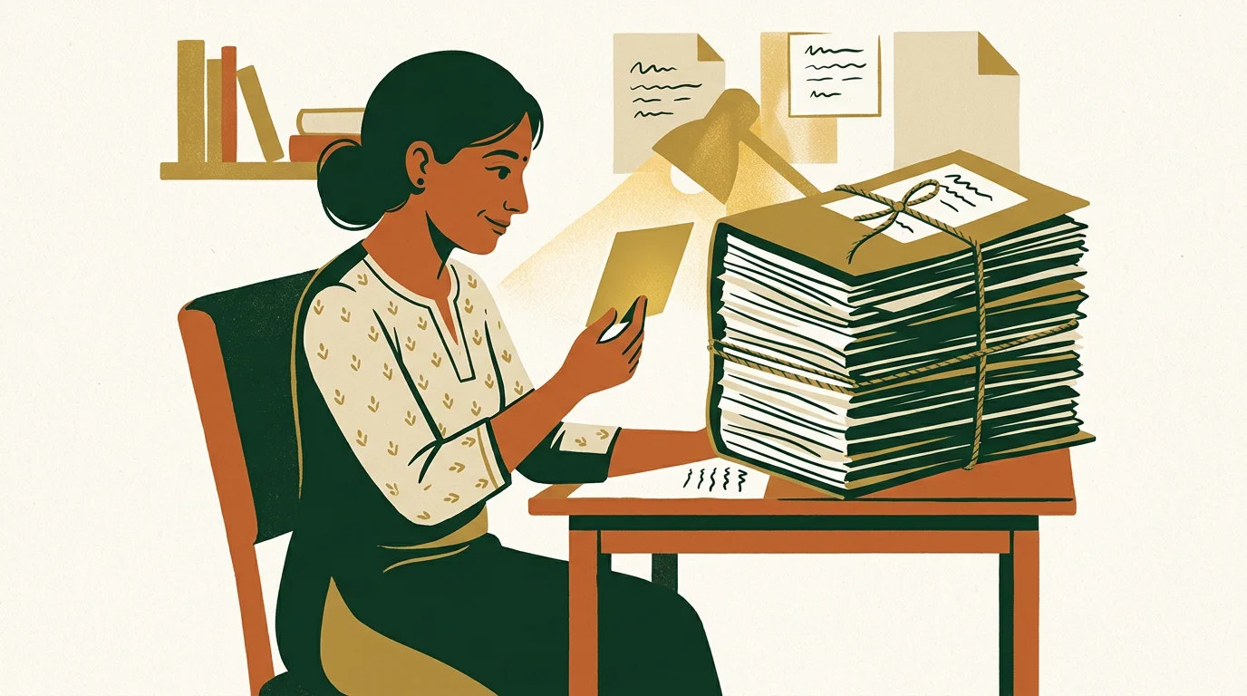 A woman at a desk turns away from a thick bundle of finished work tied with string to study a single small card held up in her hand.