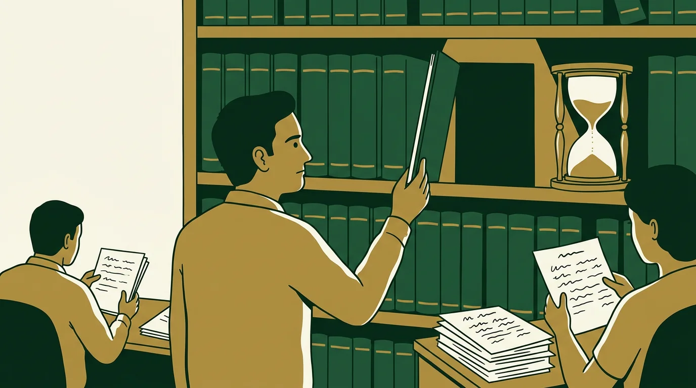 A man reaches towards a conspicuous empty slot in a long shelf of identical bound annual volumes, with an hourglass standing beside the gap and a clerk working on unbothered behind him.