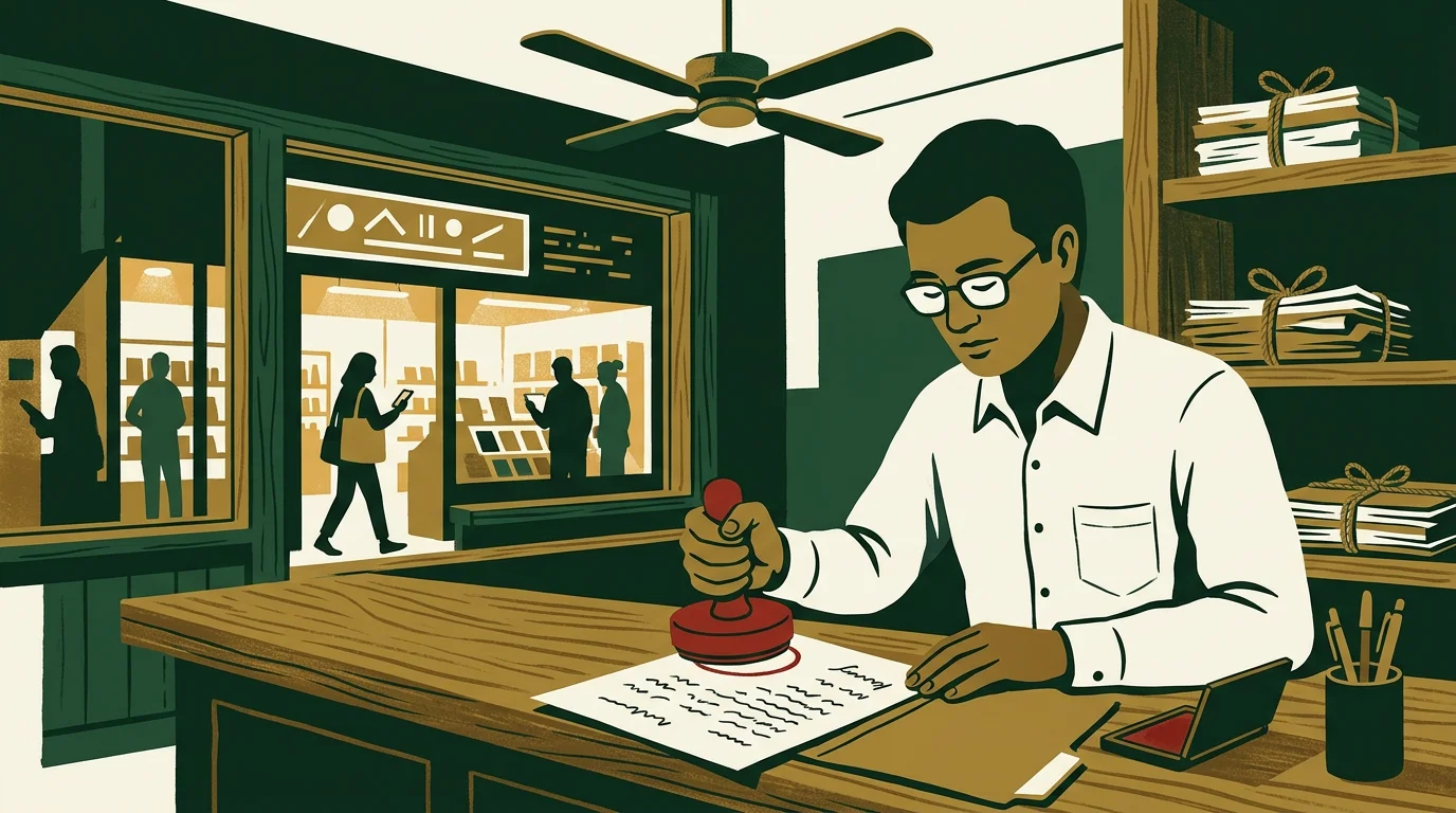 A clerk presses a red rubber stamp onto a file at a wooden counter while, through the window behind him, a brightly lit shop carries on trading with customers inside.
