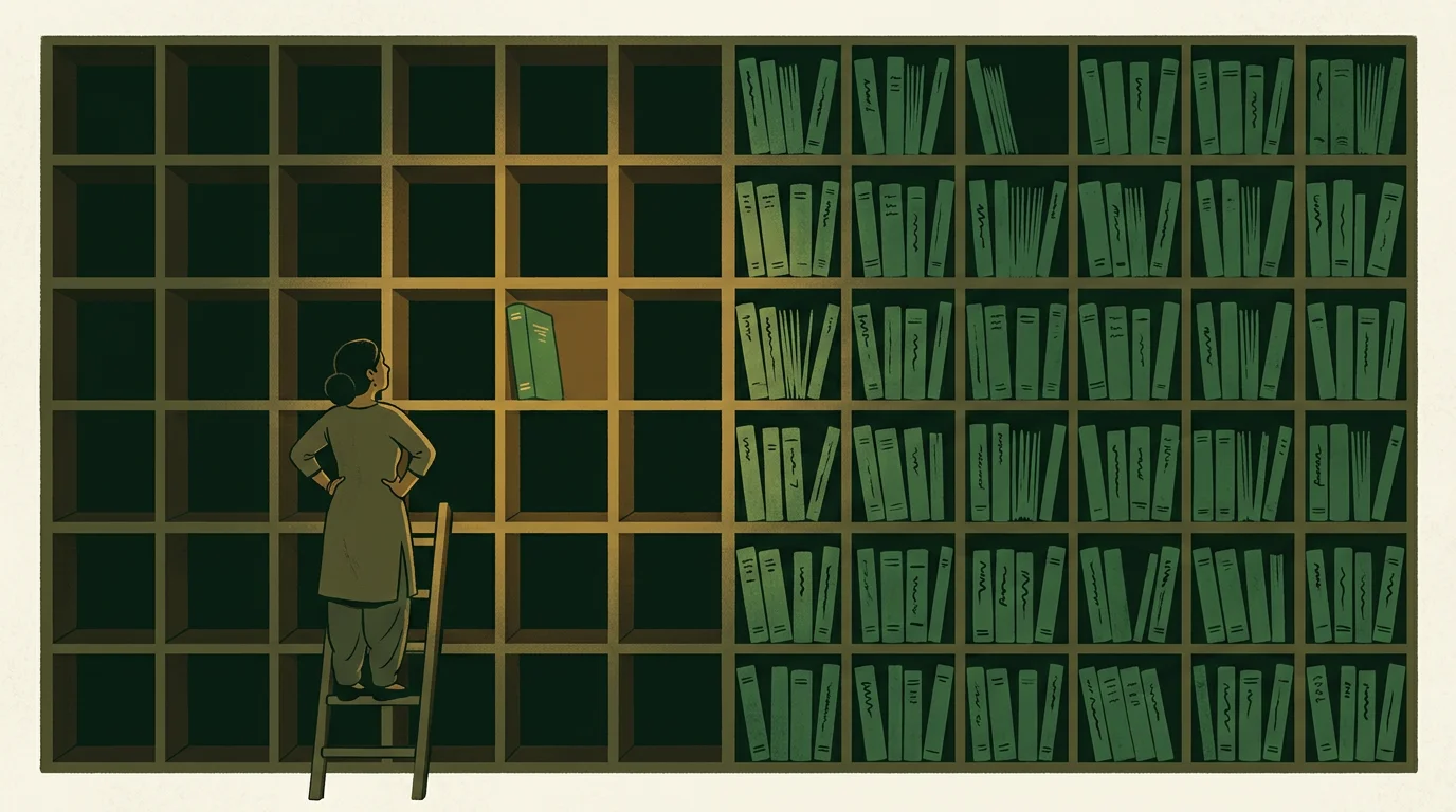 A woman on a short ladder looks up at a grid of shelves, most of the cells on her side empty while the far half stays packed with green ledgers.