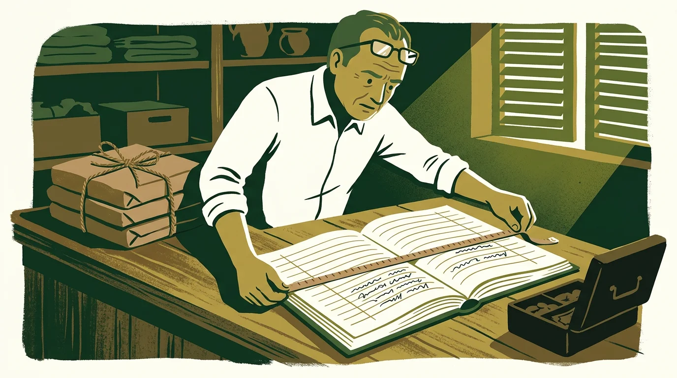 A shopkeeper in spectacles leans over an open ledger on a counter, measuring across its ruled page with a tape, a small open cash box beside him.
