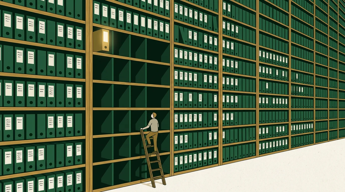 Rows of tall shelves packed with identical green box files recede into the distance, with a whole block of empty slots where files are missing and one small figure on a ladder looking at the gap.