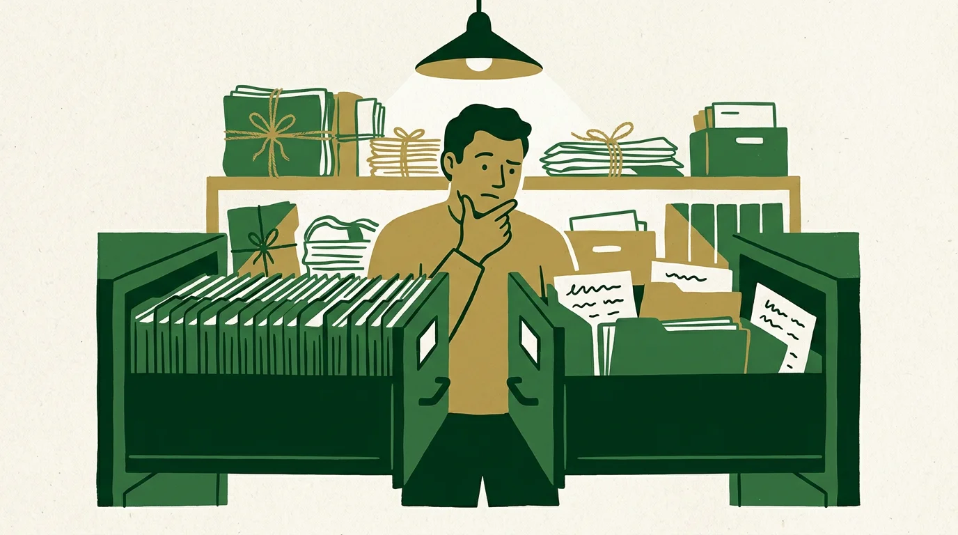 A man stands between two open filing drawers, the left packed with uniform folders in neat order and the right holding only a few of different shapes with wide gaps between them.