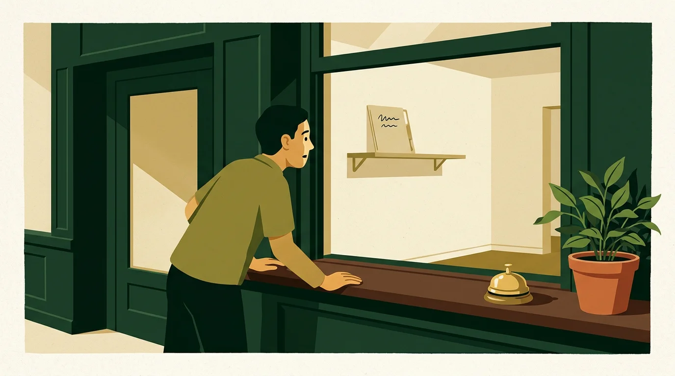 A man leans in through the service hatch of a smart, freshly painted office front, and the room beyond is almost bare apart from one shelf holding a single thin file.