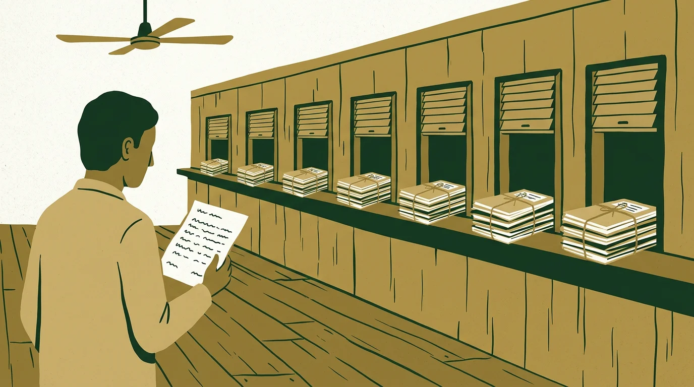 A man holding one form looks along a long wooden wall of identical service hatches, each with its own bundle of papers waiting on the ledge beneath it.