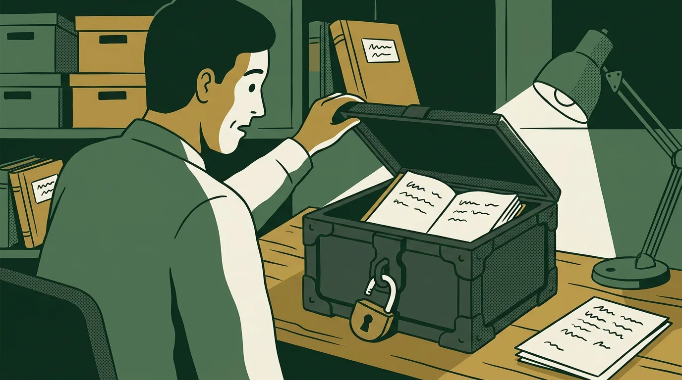 A man lifts the lid of a small iron strongbox with its padlock hanging open, and finds inside an ordinary bound ledger rather than anything valuable.