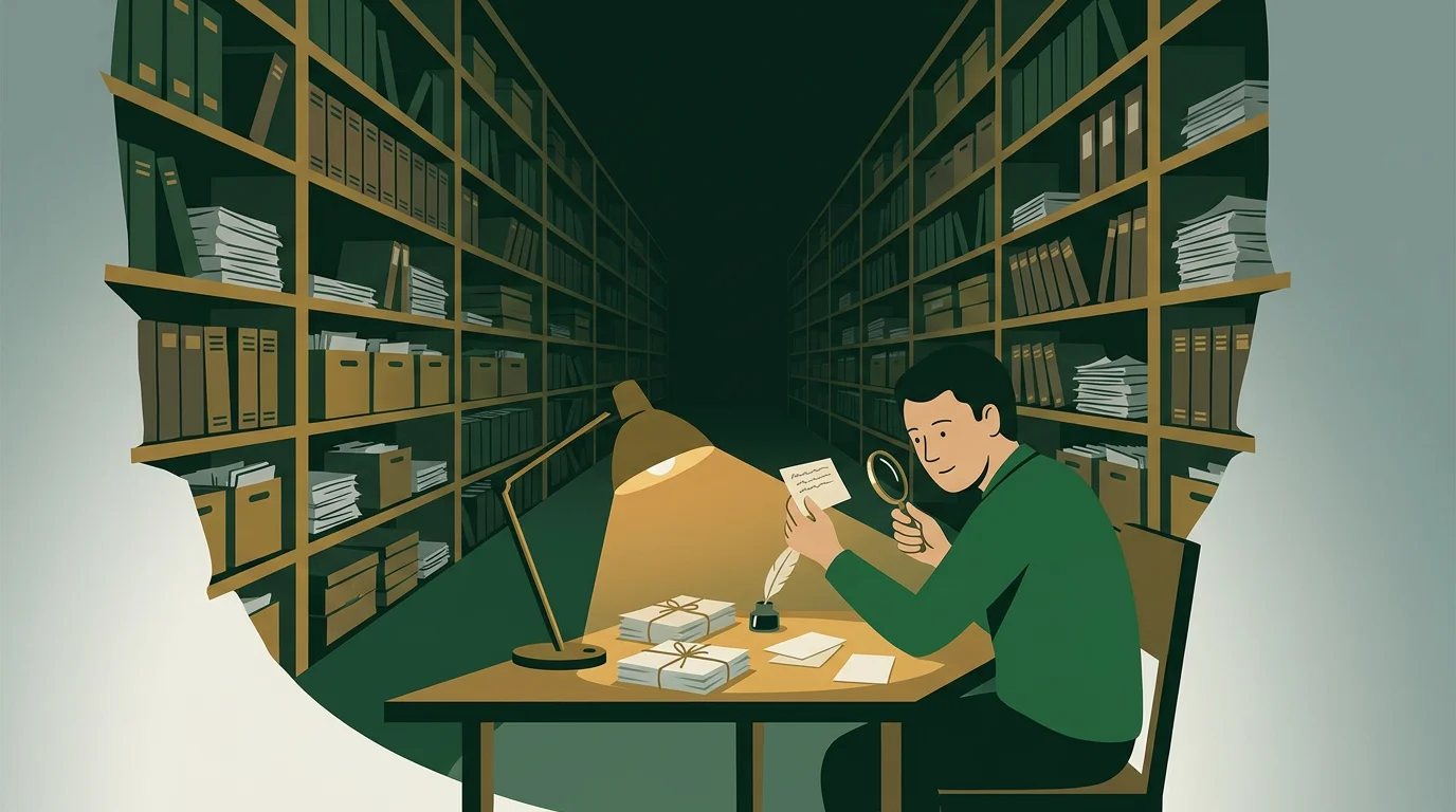 A person at a lamplit desk studies one small index card through a magnifier, while rows of shelves stacked with ledgers and box files recede into the dark behind them.