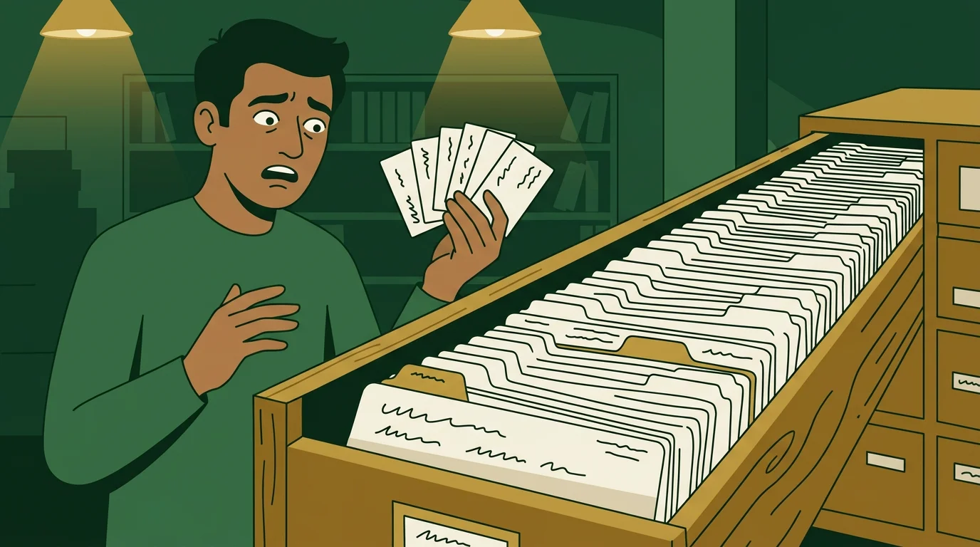 A man holding a small fan of five index cards looks in dismay at a long card catalogue drawer packed end to end with far more tabbed dividers than he expected.