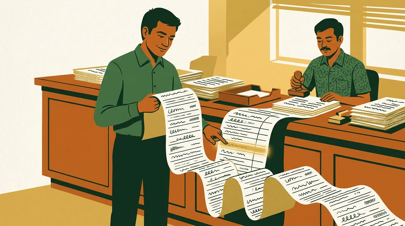 A man at a registrar's counter holds a long ruled return that unfolds to the floor, his finger resting on one row partway down, while a clerk behind him stamps a separate pile.