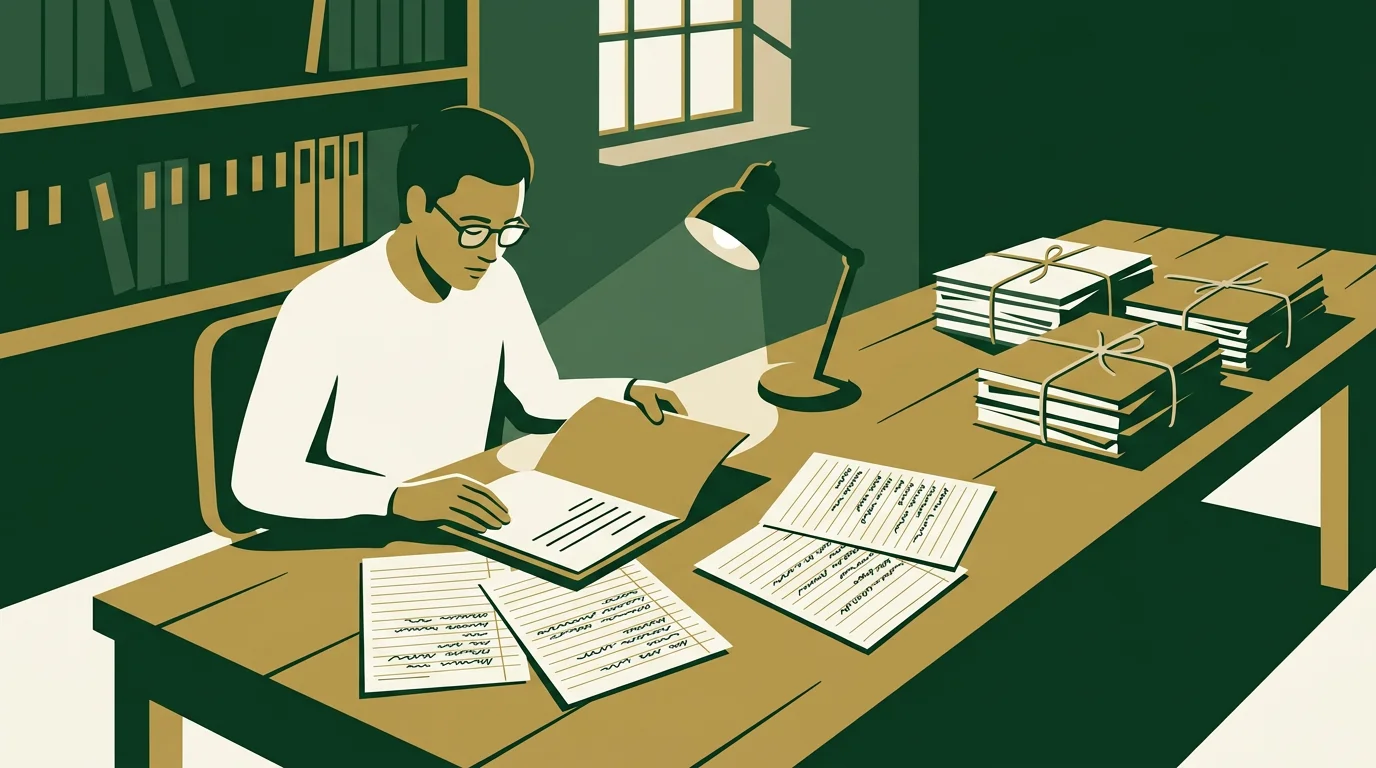 A professional in spectacles reads an open company file at a long table in a records room, writing a report by hand on plain ruled paper beside it, with no printed form anywhere.