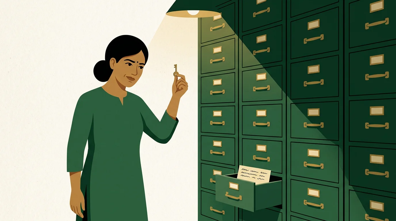 A woman holds up a very small brass key in front of a tall wall of filing cabinet drawers, where only one tiny drawer near the bottom stands open holding a single index card.
