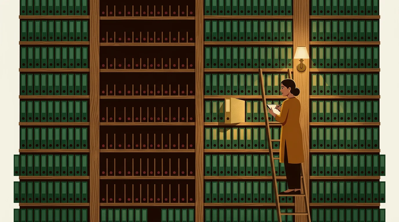 A woman on a ladder before a wall of green files compares a full column of folders against a neighbouring column whose shelves stand empty.
